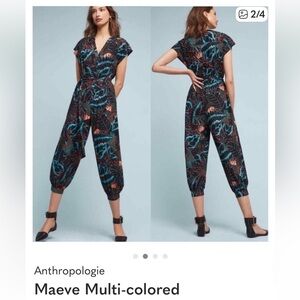 Maeve Anthropologie Geoscope Black and Teal Patterned Jumpsuit belted romper